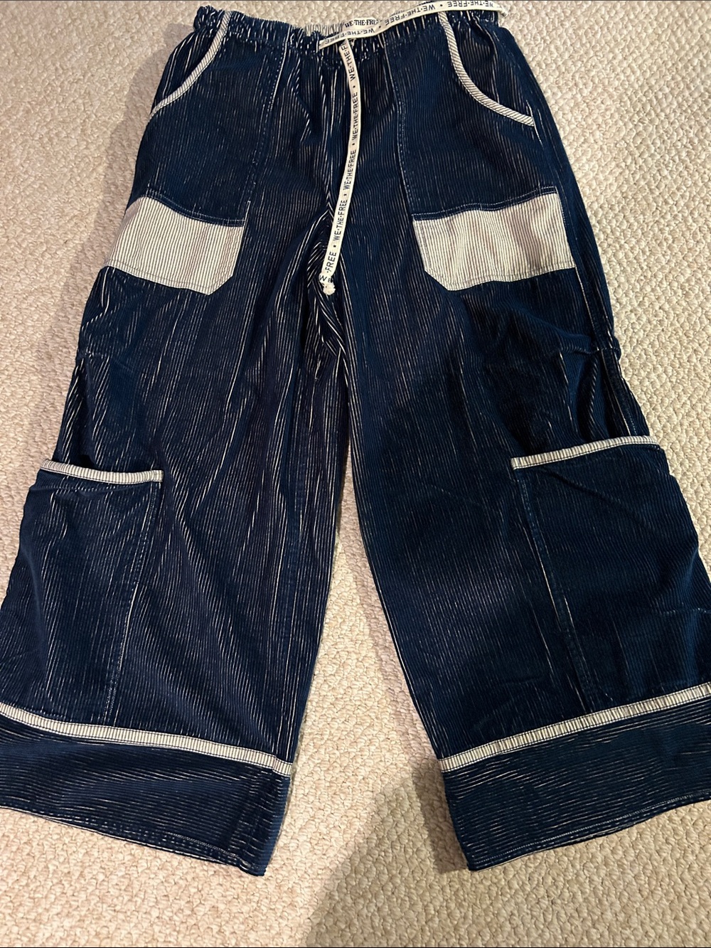 Free People Wide Leg corduroy Pinstripe Cargo Pants in Navy with Cream Trim